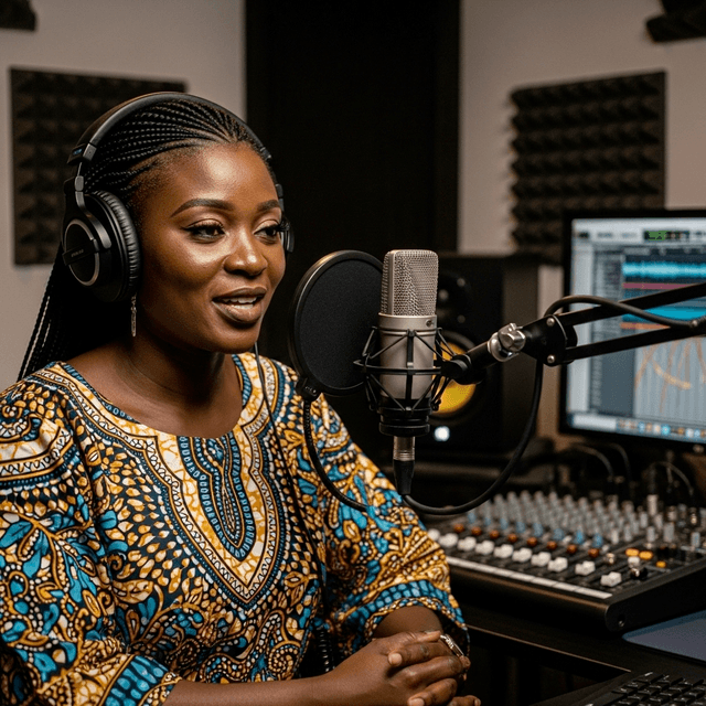 A woman with headphones and a studio microphone